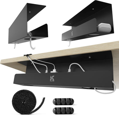 2 Pack Cable Management Tray – 16.5 inch Under Desk Cable Organizer Tray for Wire Power Strip - Safe Steel Cable Tray for Desks, Office, and Home (Black)