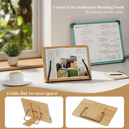 Bamboo Book Stand, Adjustable Book Holder, Music Stand - Lightweight and Stable for Cookbook, Textbook, Notebook, Desk Home Office Kitchen (Small)