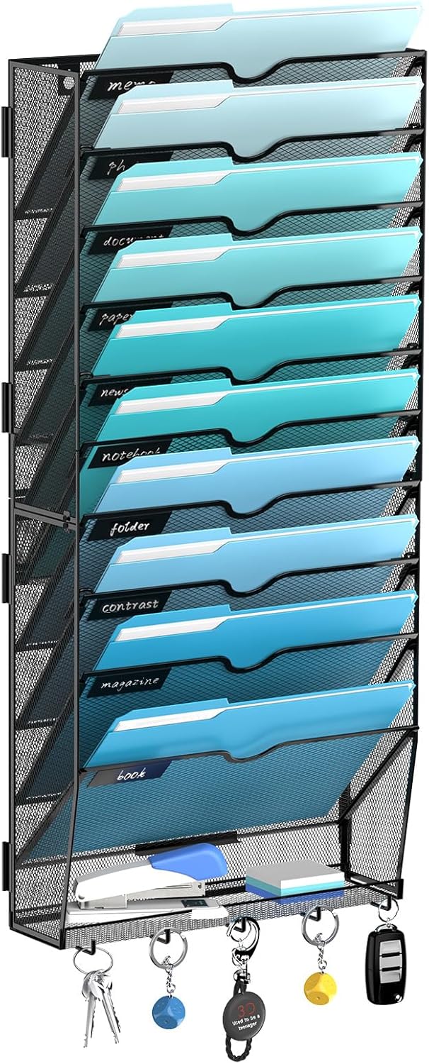 5 Tier Wall File Organizer - Hanging File Organizer with 5 Hooks, Mail Holder Wall Mounted for Papers, Folders, Magazines, Bills, Office&School Organization, Black