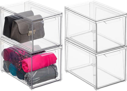 mDesign Plastic Stackable Closet Storage Organizer Bin Containers with Front Pull Drawer for Cabinet, Desk, Shelf, Cupboard, or Dresser Organization - Lumiere Collection - Clear