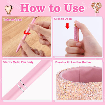 BESARTE 9 Pcs Pink Pens With Pen Holder for Desk, Fancy Pens Pink Mom Gifts Desk Accessories for Weddings Parties Mothers Day Gifts for Mom Wife