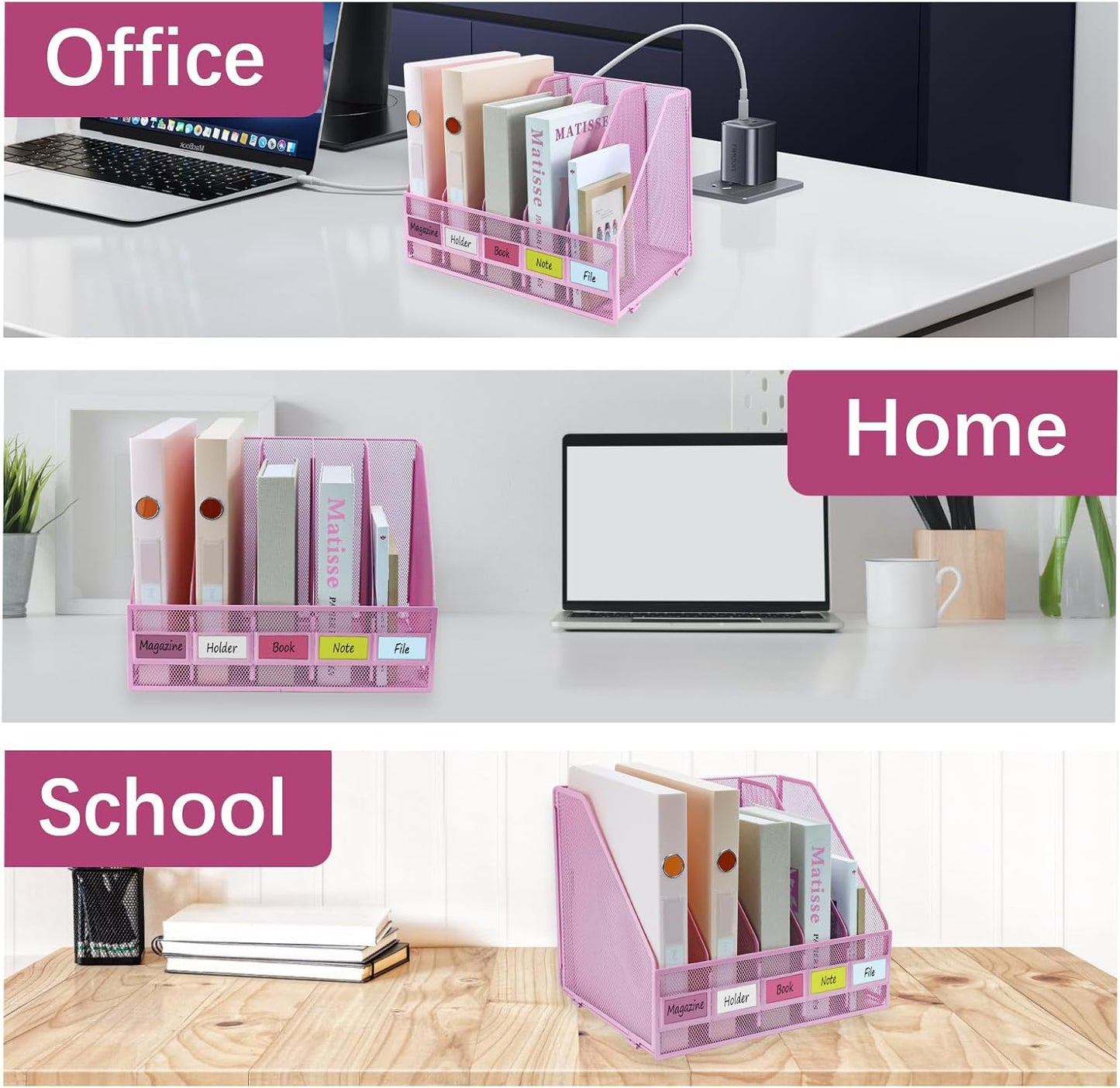 Desk Organizers, Metal Magazine File Holder with 5 Vertical Compartments Rack Binder File Organizer for Office Supplies, Home Workspace - Black