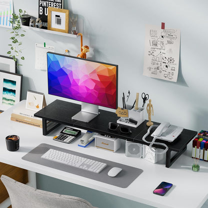 Simple Trending 38 Inch Dual Monitor Stand Riser, Wood and Steel Desktop Organizer for Home Office, Black