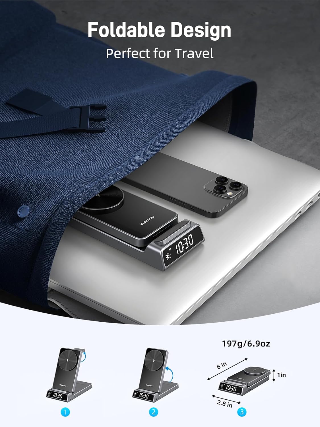 3 in 1 Charging Station for Apple, ELECDOV Magnetic Charger for iPhone, Foldable Wireless Charger with Clock, Travel Watch Charger Stand for iPhone 17/Air/16/15 Series, iWatch 10/AirPods 4 (Grey)