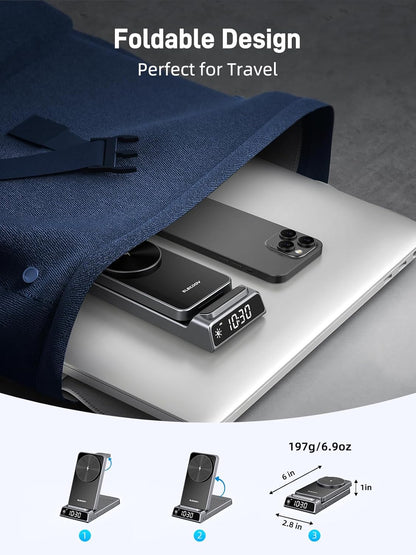 3 in 1 Charging Station for Apple, ELECDOV Magnetic Charger for iPhone, Foldable Wireless Charger with Clock, Travel Watch Charger Stand for iPhone 17/Air/16/15 Series, iWatch 10/AirPods 4 (Grey)