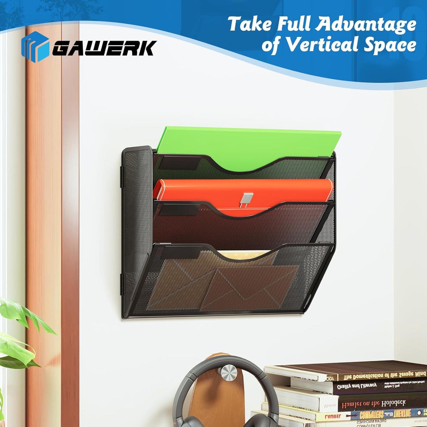 Gawerk 5 Tier Hanging Wall File Organizer, Mesh Mail Paper Orgnization Hanging File Folder Holder for Home Office, Black