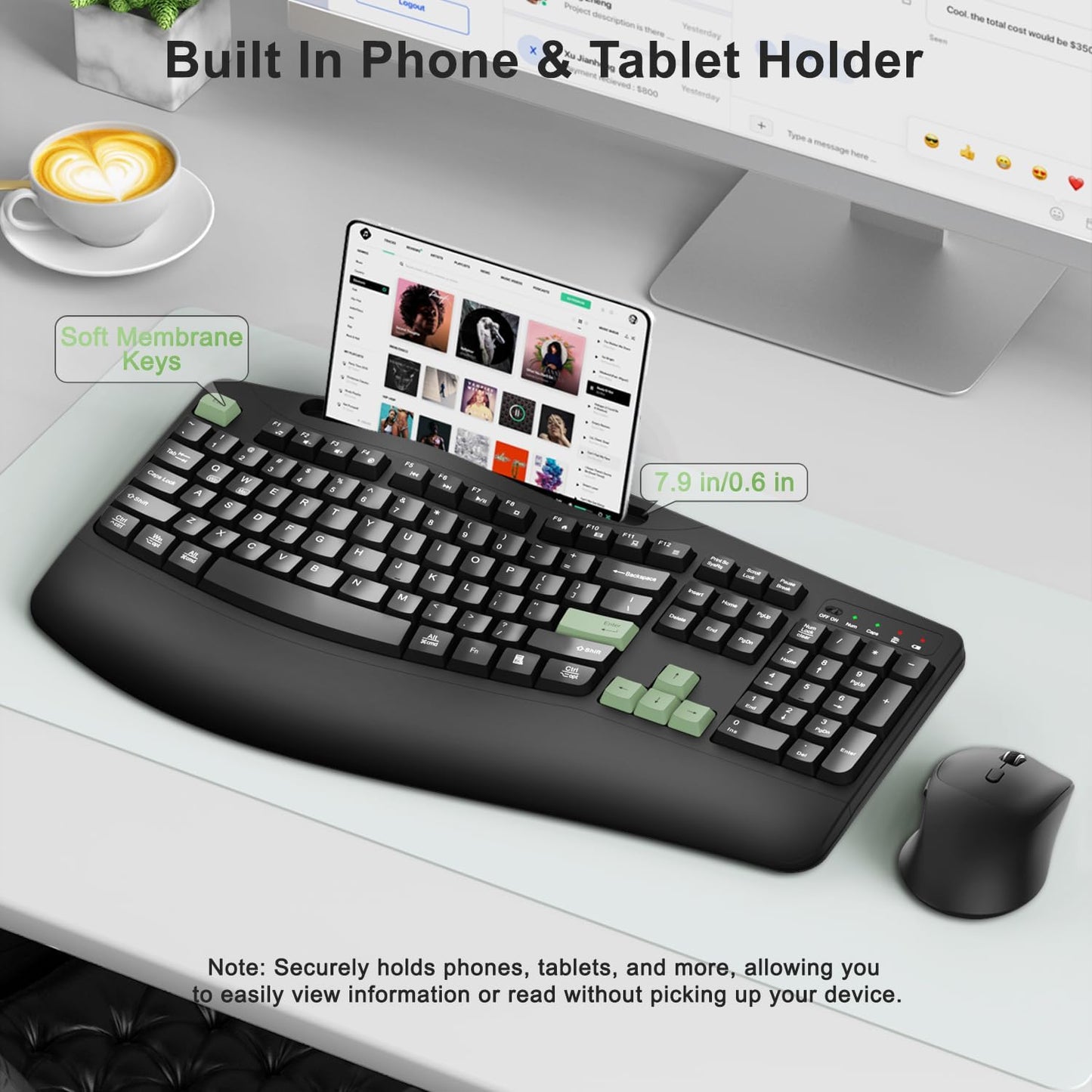 Wireless Keyboard and Mouse Combo, 2.4G Full Size Wave Keys Ergonomic Keyboard with Wrist Rest, Phone Holder, 3-Level DPI Wireless Silent Mouse with 6-Buttons, for Windows, Mac OS, Laptop, PC (Black)