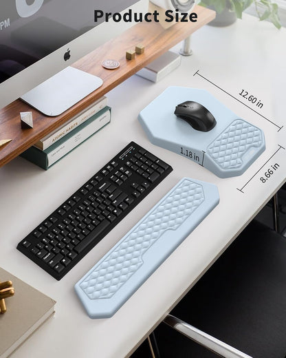 Ergonomic Mouse Pad and Keyboard Wrist Rest Support Set, Massage Design Mousepad for Carpal Tunnel Pain Relief, Memory Foam, Non-Slip PU Base for Computer Desk, Baby Blue