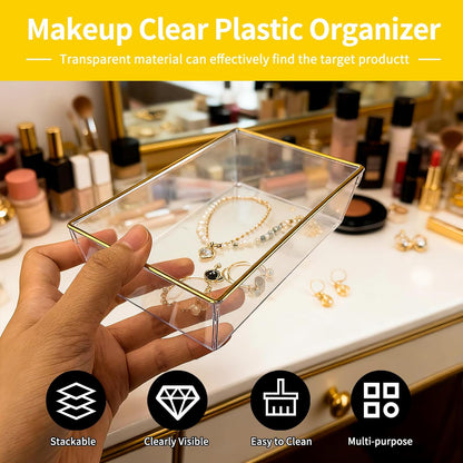 4 Pack Large Size Clear Stackable Drawer Organizer Trays, Gold Rim Makeup Drawer Storage Tray Divider, Desk Storage for Makeup, Jewelry, Bathroom, Stationary, Kitchen Utensils and Office Desk
