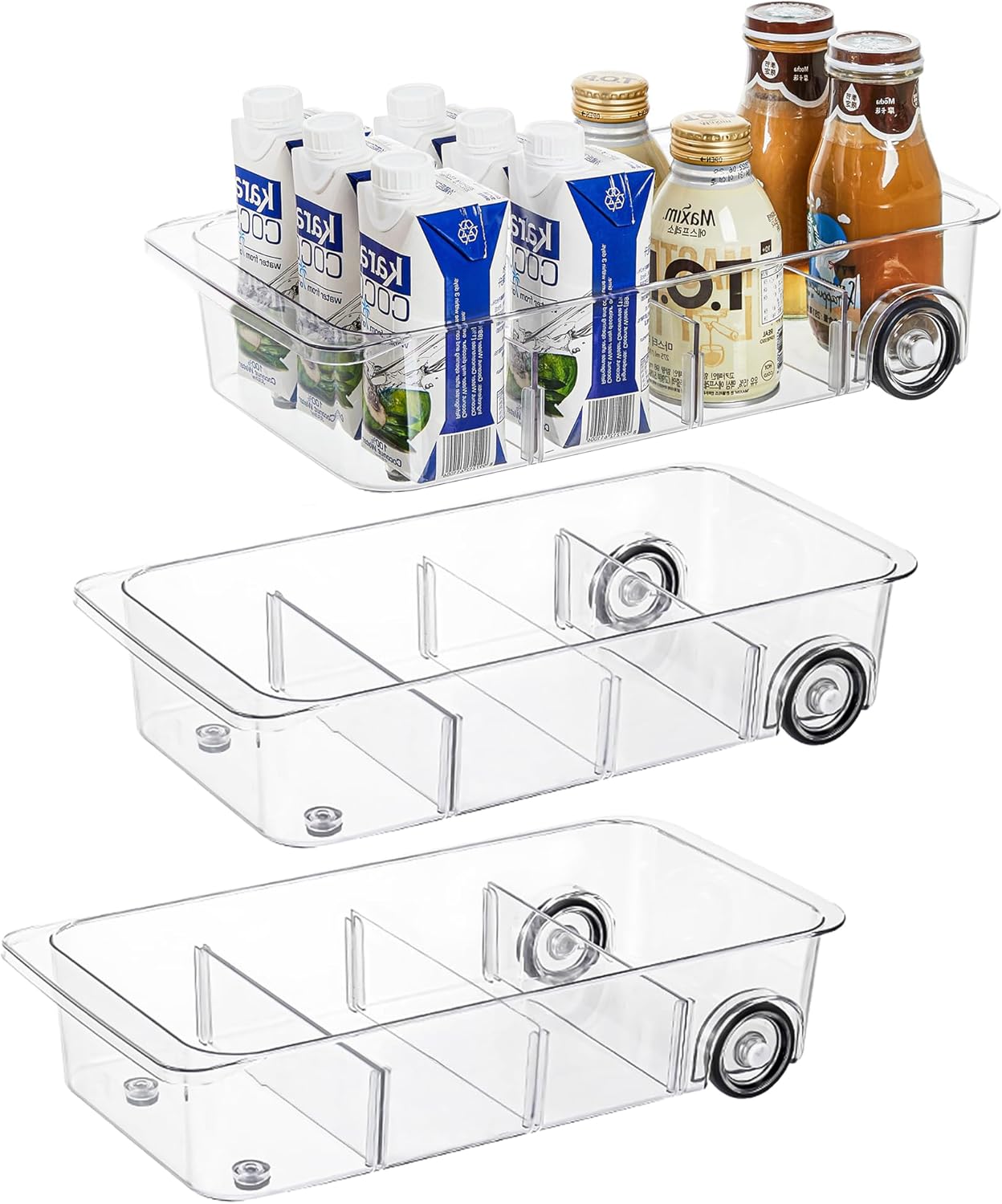 Attelite RollOut Refrigerator Drawer Organizer and Storage Clear Design with Dividers, Fridge Organizer on Wheels, Upgrade Thick Plastic Pantry Storage Bins, Kitchen Organization 2 Set
