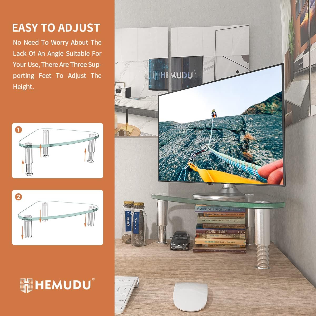 Hemudu Tempered Glass Computer Monitor Riser/Triangle Save Space Desktop Corner Stand for Computer Monitor & Laptop Black HD01B-003