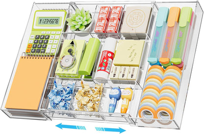 Marbrasse Expandable Desk Drawer Organizer, Clear Plastic Drawer Organizer Tray with 10 Adjustable Compartments, Desk Organizers and Accessories, 5 Drawer Dividers for Office Supplies, Makeup(Black)