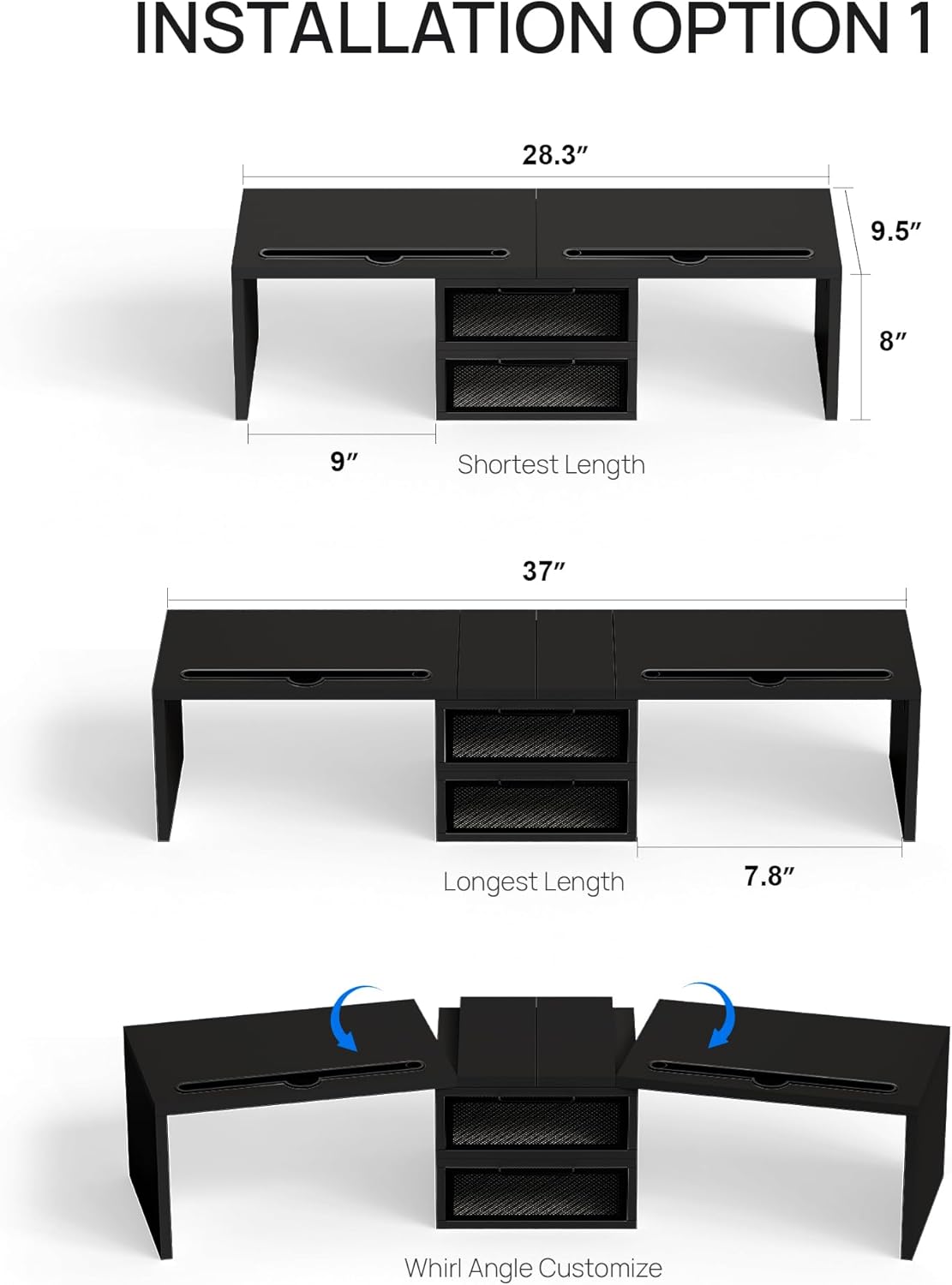 ZIFTY Dual Monitor Stand Riser for 3 Monitors, Desk Organizer with 2 Drawer and Smartphone Holder, Adjustable Length & Angle Workspace Organizers for Monitors Laptop Printer Computer, White