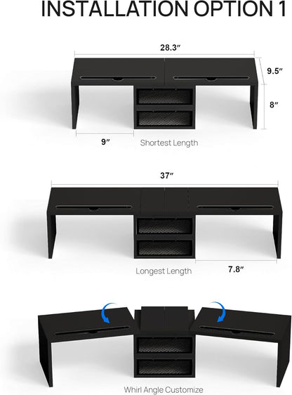 ZIFTY Dual Monitor Stand Riser for 3 Monitors, Desk Organizer with 2 Drawer and Smartphone Holder, Adjustable Length & Angle Workspace Organizers for Monitors Laptop Printer Computer, White