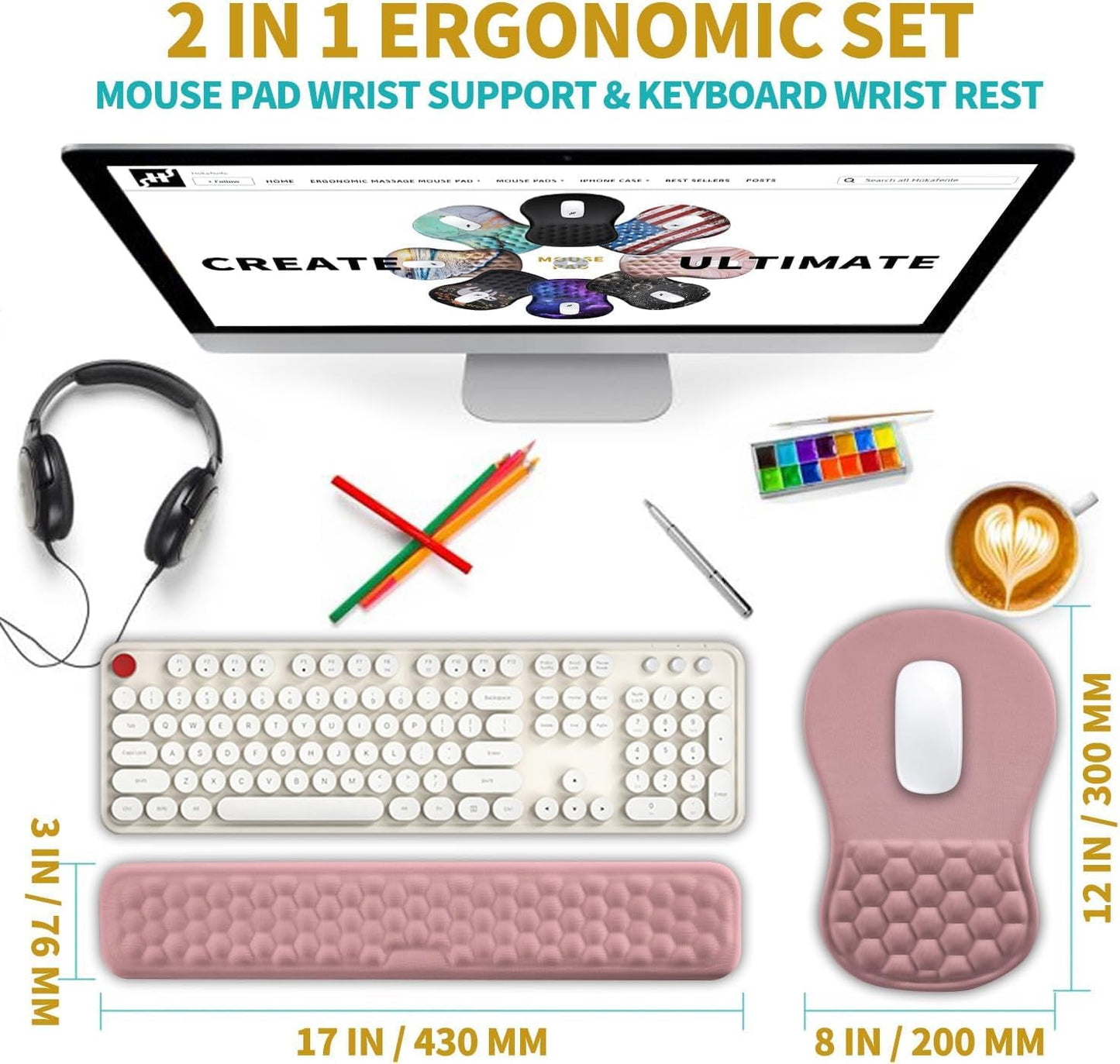 Hokafenle 2 in 1 Ergonomic Mouse Pad Wrist Support & Wrist Rest for Computer Keyboard Set, with Relieve Carpal Tunnel Pain Massage Bulge and Full Memory Gel Design (2In1 Set, Light Green)