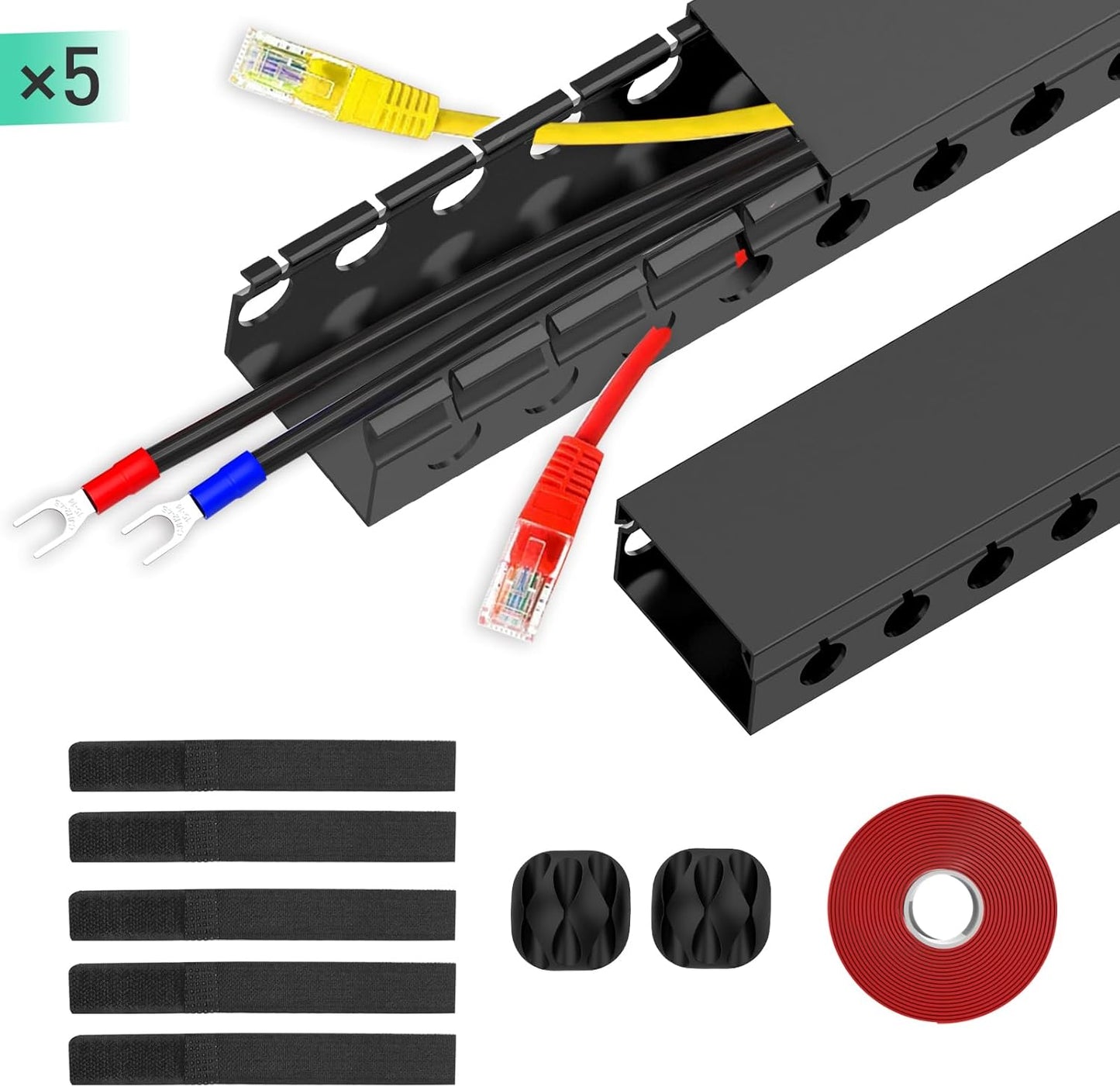 ENONCI Updated Cable Raceway Kit - 77 (5x15.4) Inch Open Slot Wire Covers for Cords, Under Desk Cable Management System to Hide Under Desk/Tv/Computer/Net/Power Cords, (Pack 5)