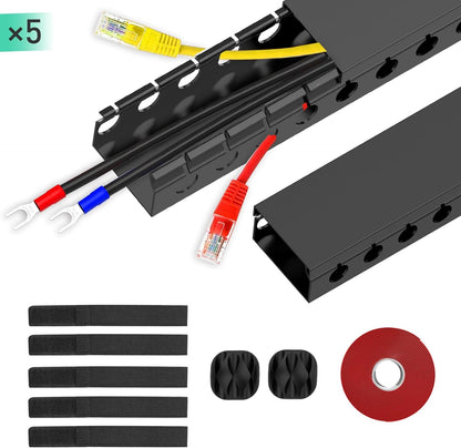 ENONCI Updated Cable Raceway Kit - 77 (5x15.4) Inch Open Slot Wire Covers for Cords, Under Desk Cable Management System to Hide Under Desk/Tv/Computer/Net/Power Cords, (Pack 5)