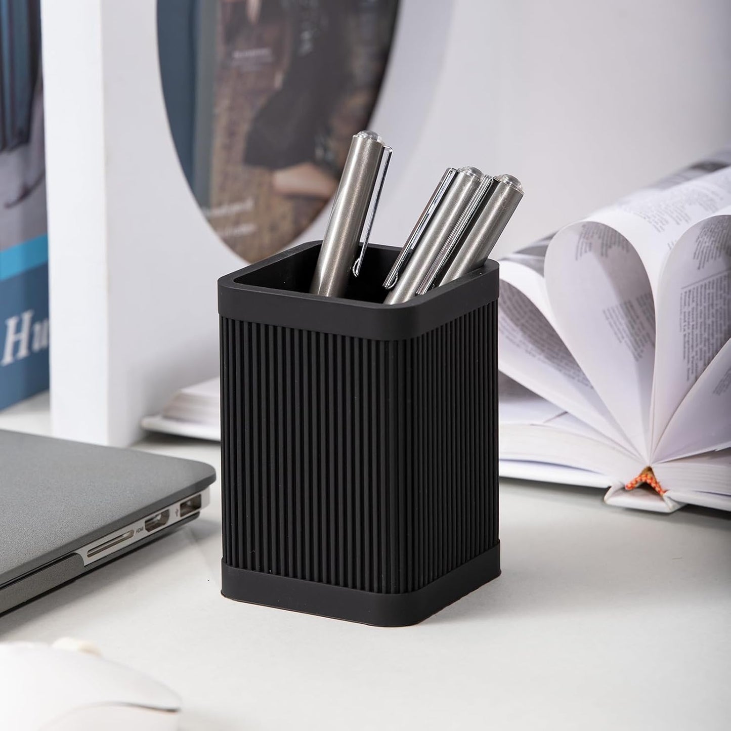 HighHerz Aesthetic Pen Holder For Desk, Modern Silicone Pencil Holder, Stylish Office Desk Decor, Made of 5 mm Thickened Premium Silicone, Office Desk Organizer And Accessories (Black) | For Desk, Modern