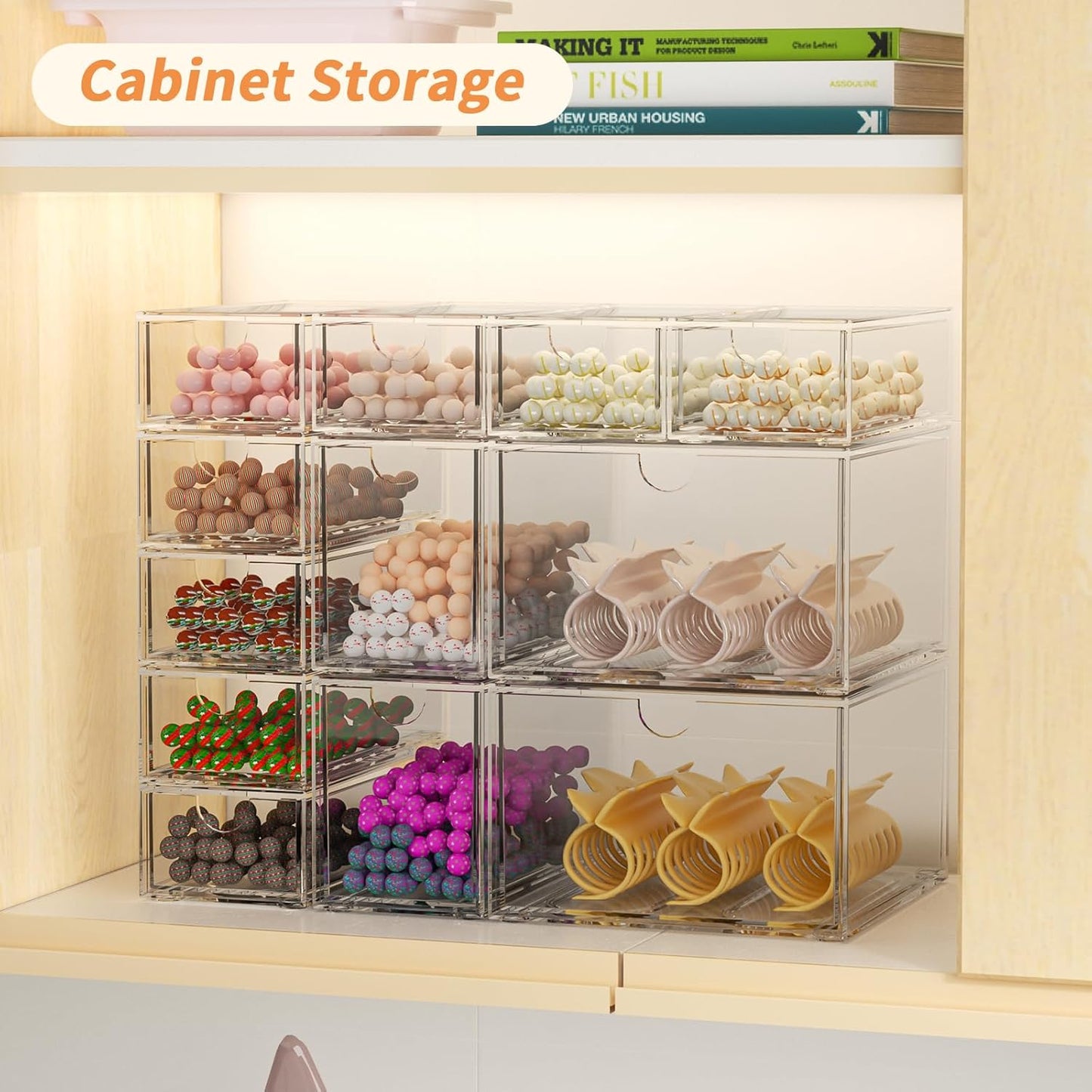 12 Pack Clear Stackable Storage Drawer Set, 3 Sizes (8 Small/2 Medium/2 Large) Modular Acrylic Drawer Organizer, Makeup Organizer for Vanity, Bathroom, Kitchen Cabinet, Desk, Undersink, Pantry, Office