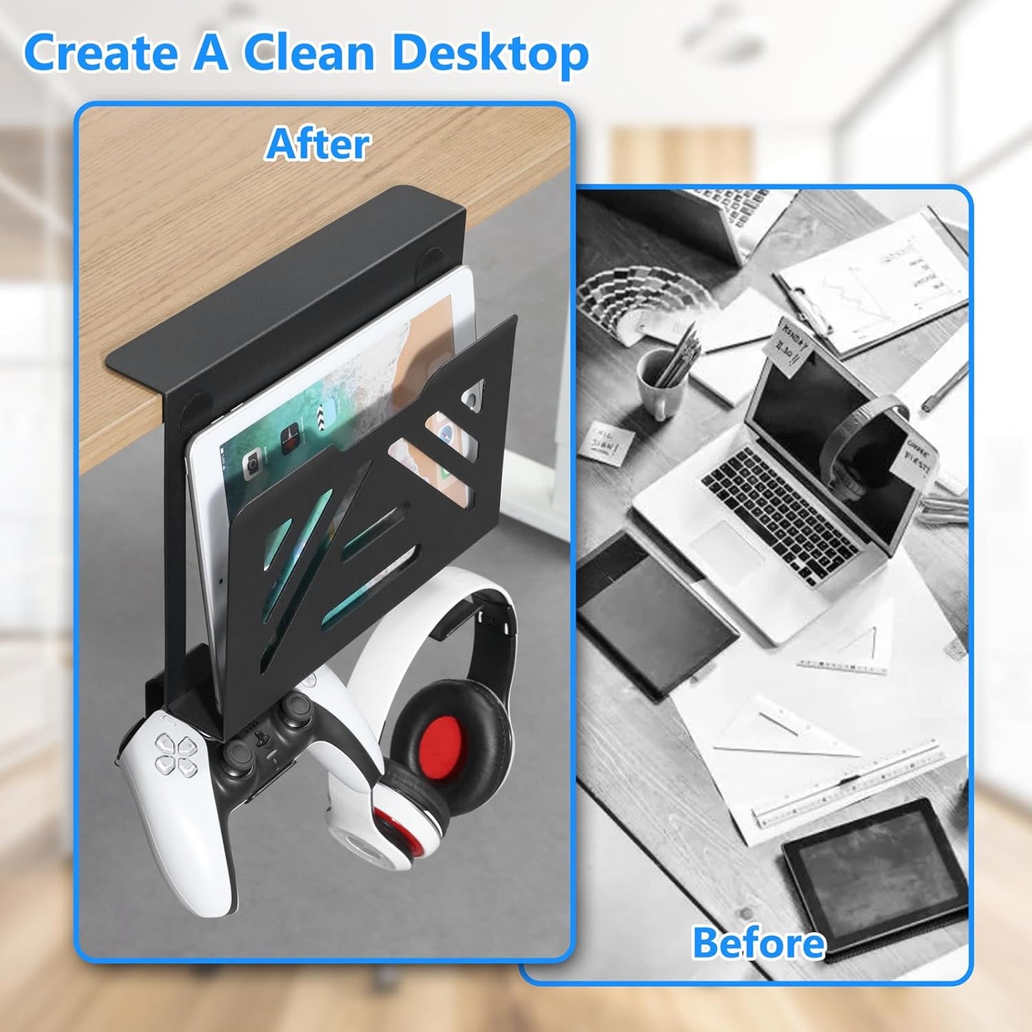 MAXECHO Desk Side Storage, Under Desk Laptop Mount, Table Side Hanging File Organizer, No Drill Clamp On Cable Management Tray, Laptop Holder with Magnetic Pen Holder for Office and Home, Load 22 Lbs