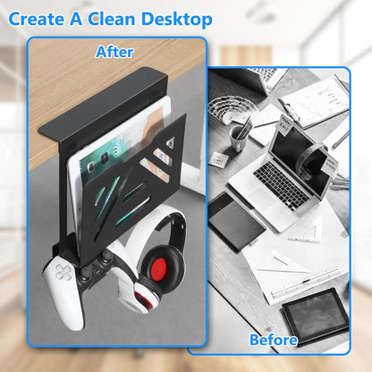 MAXECHO Desk Side Storage, Under Desk Laptop Mount, Table Side Hanging File Organizer, No Drill Clamp On Cable Management Tray, Laptop Holder with Magnetic Pen Holder for Office and Home, Load 22 Lbs