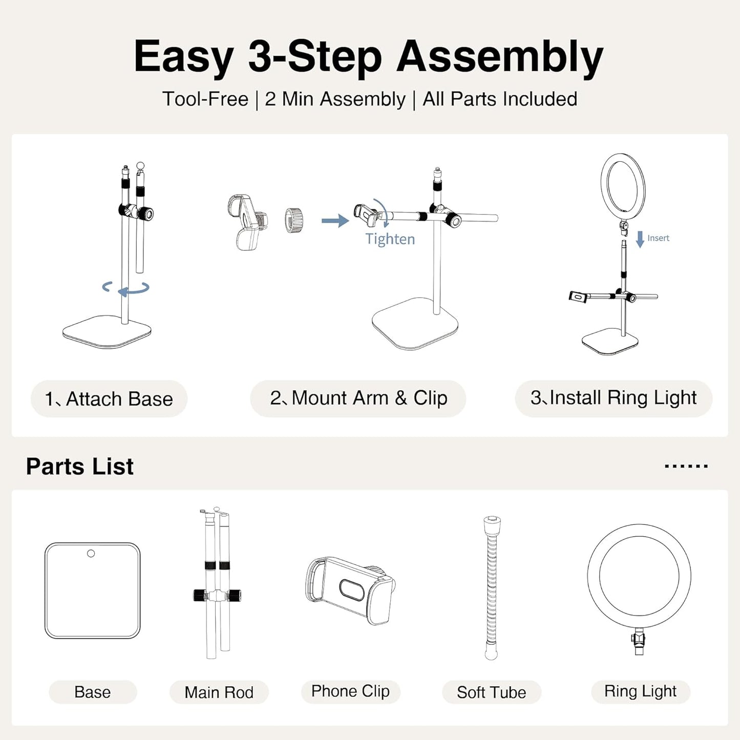 Overhead Phone Mount, Overhead Camera Mount Stand [Anti-Shaking] with 10.5" Ring Light, Desk Stand for iPhone with Ring Light for Video Recording, Zoom Meeting, YouTube, TikTok