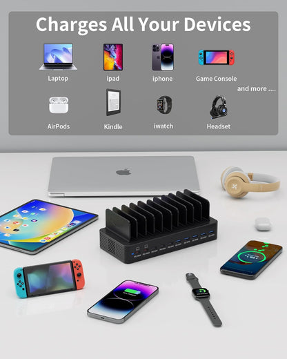 580W Charging Station for Multiple Devices, 10-Port USB C Fast Charger Station, Dual PD 100W Charging Dock with Adjustable Dividers & 6 Cables-Device Organizer for Laptop MacBook, iPhone, iPad