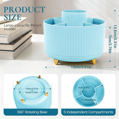 KONVINIT Pencil Pen Holder for Desk, 5 Slots 360 - Degree Rotating Desktop Organizer, Cute Desk Organizers and Accessories for School, Home, Office and Art Supply, Beige