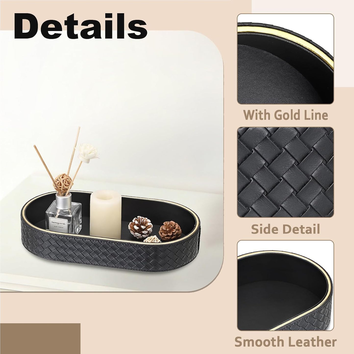 Hipiwe Perfume Trays PU Leather Vanity Tray for Dresser Bathroom Valet Trays Oval Desk Tray Jewelry Dish Holder Decorative Catchall Trays Nightstand Organizer, Beige