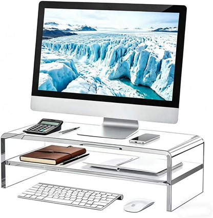 Acrylic Monitor Stand, 2 Tier Riser with Storage Shelf, Clear, 16/20 Inch, Home Office Desk Organizer (16in)