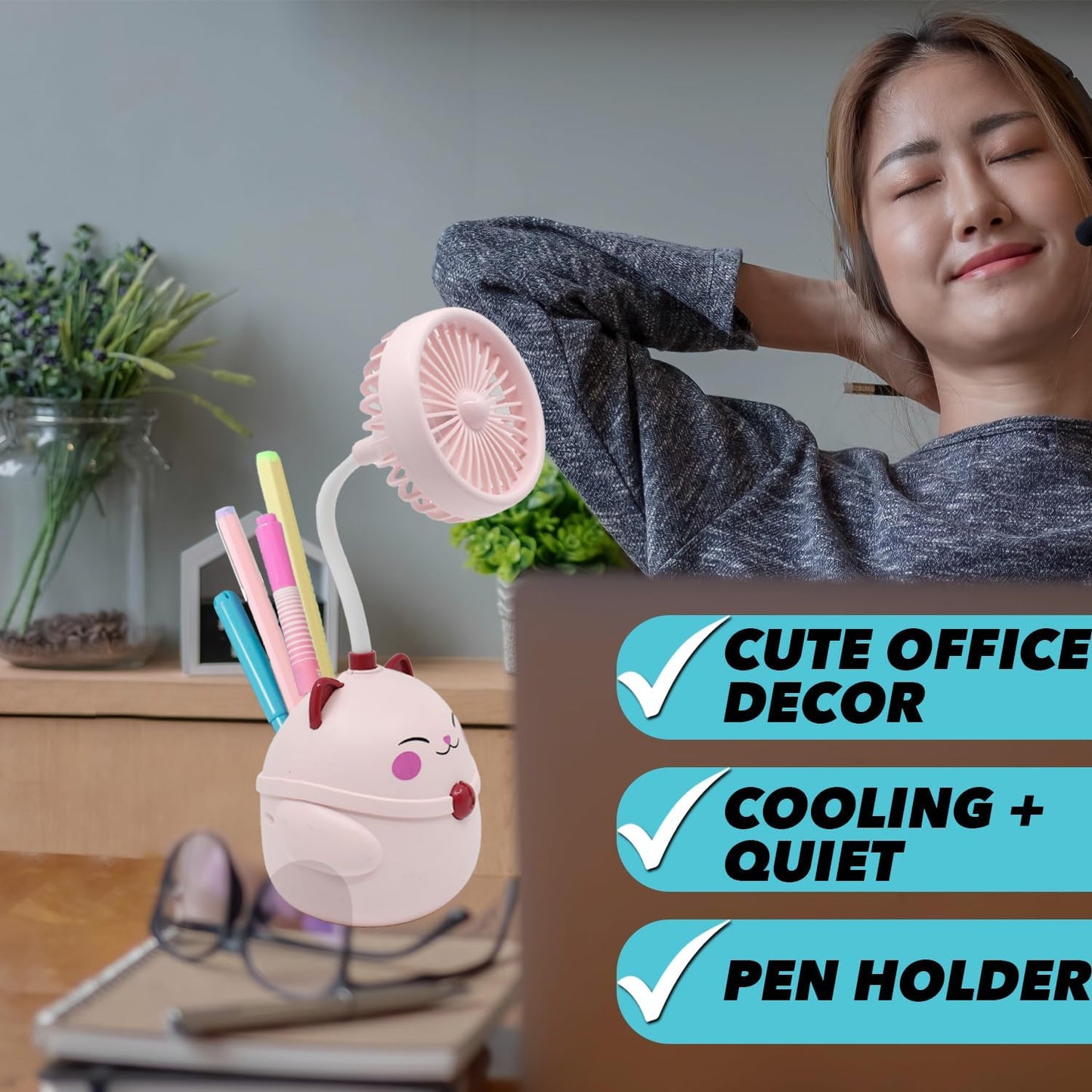 Cute Pink Cat Desk Fan with Pen Holder — Cat Fan for Women, Animal Fan, Funny Office Accessories, Cat Lover Gift, Small USB Fan, Aesthetic Decor