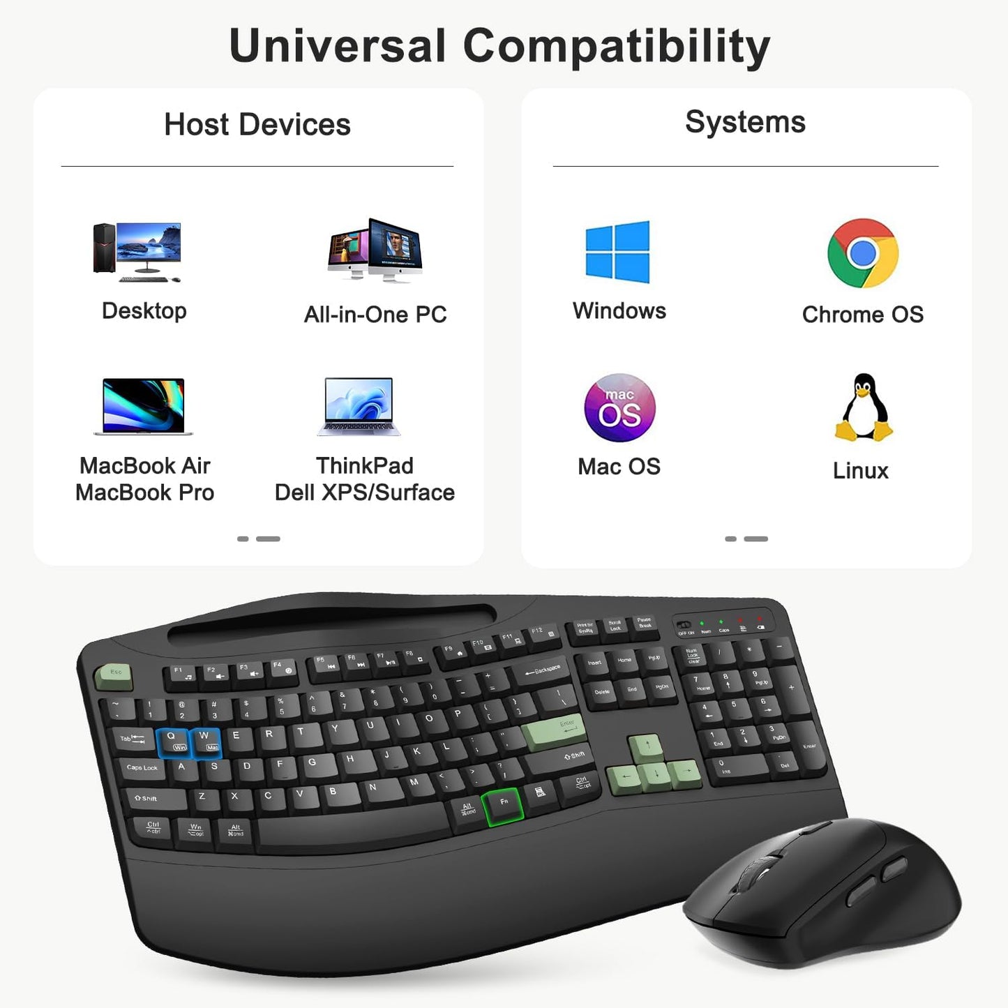 Wireless Keyboard and Mouse Combo, 2.4G Full Size Wave Keys Ergonomic Keyboard with Wrist Rest, Phone Holder, 3-Level DPI Wireless Silent Mouse with 6-Buttons, for Windows, Mac OS, Laptop, PC (Black)
