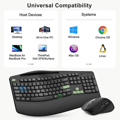 Wireless Keyboard and Mouse Combo, 2.4G Full Size Wave Keys Ergonomic Keyboard with Wrist Rest, Phone Holder, 3-Level DPI Wireless Silent Mouse with 6-Buttons, for Windows, Mac OS, Laptop, PC (Black)