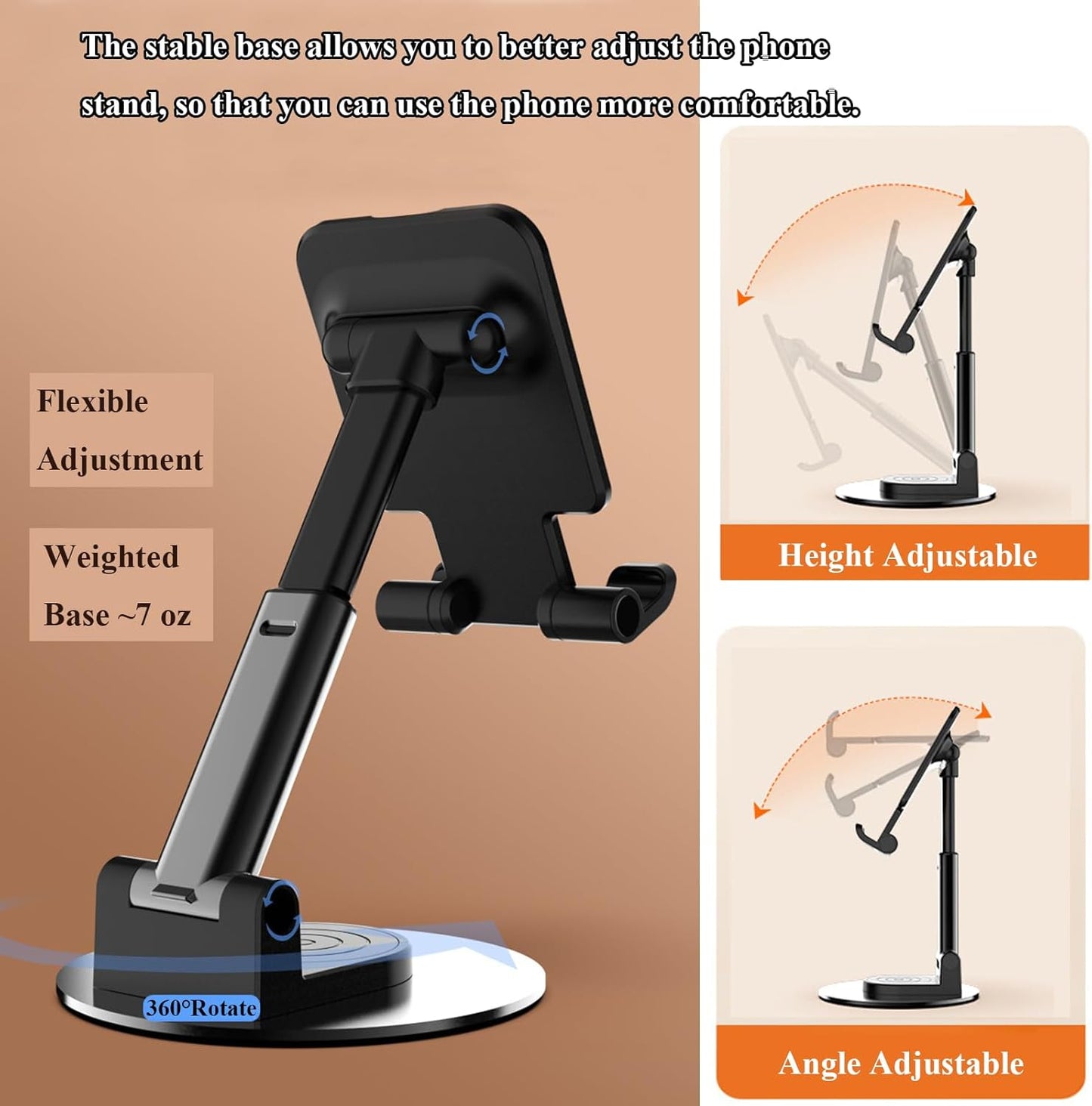 Meetuo Rotatable Cell Phone Stand for Desk, Height Angle Adjustable Phone Holder Portable Phone Stand Compatible for Most Smartphones iPhone 14, Pro, Pro Max, 13 12 X XS