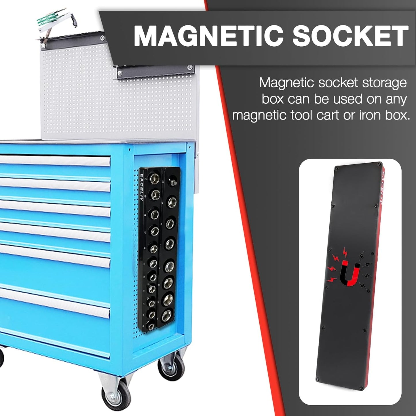 EACELIY 6-Piece Magnetic Socket Organizer Set, 1/2", 1/4" and 3/8" SAE & Metric Deep & Shallow Socket Holder Kit, holds 141 stanard Sockets, attaches to steel box/tool cart (sockets not included)