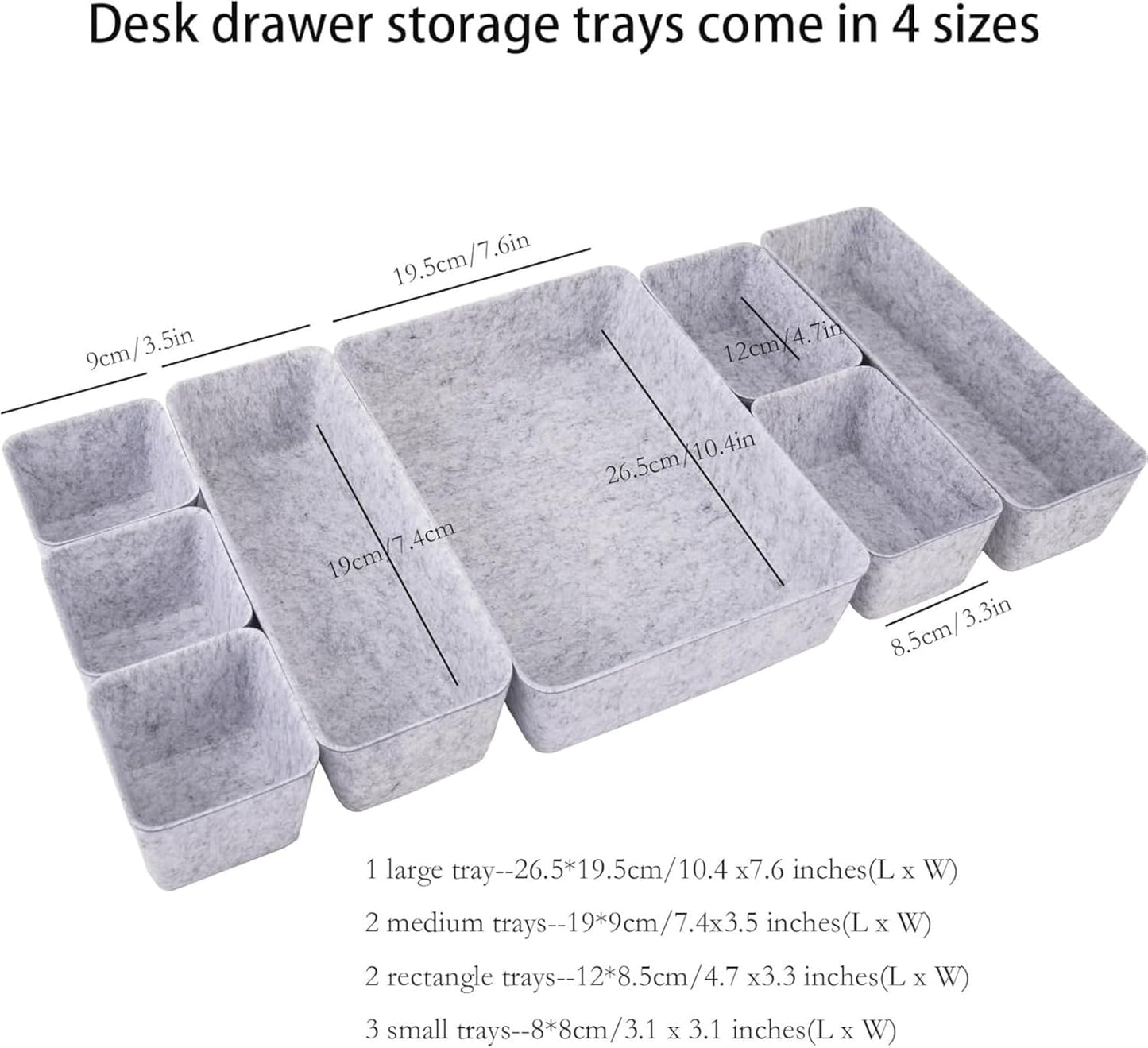 8 Pack Felt Drawer Organizer Trays, Shallow Desk Drawer Dividers Set, Modular Storage Bins for Office Supplies, Makeup & Jewelry (Light gray)