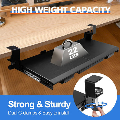 Large Keyboard Tray Under Desk Slide Out with Sturdy C-Clamp Mount and Storage Drawer, 27" (31" Including Clamps) x 12" Ergonomic Keyboard Trays for Home and Office, Black