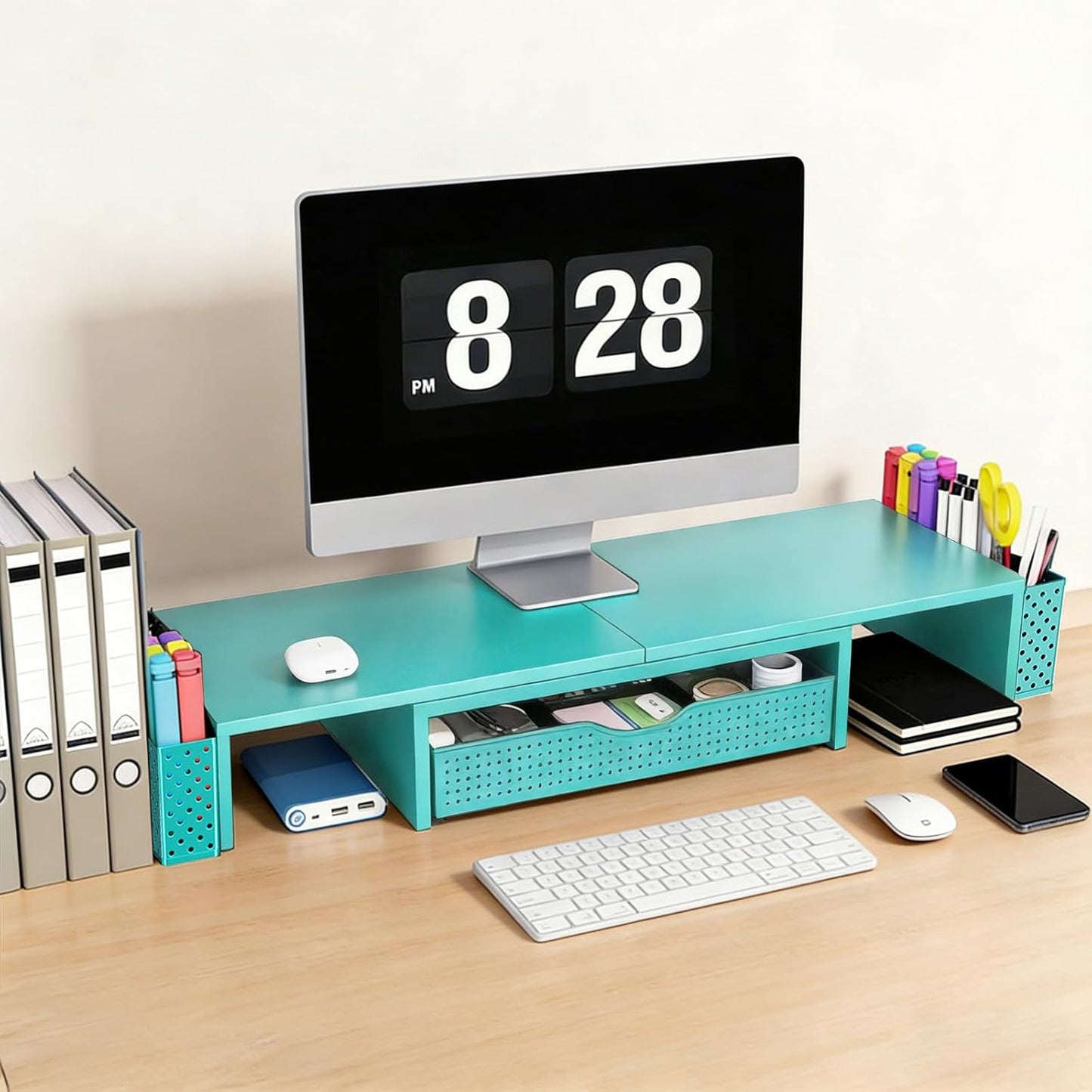 Spacrea Metal Desk Organizers and Accessories, Dual Monitor Stand Riser with Drawer and 2 Pen Holders, Book Racks, Desk Accessories & Workspace Desktop Organizers for Office Supplies (Black)