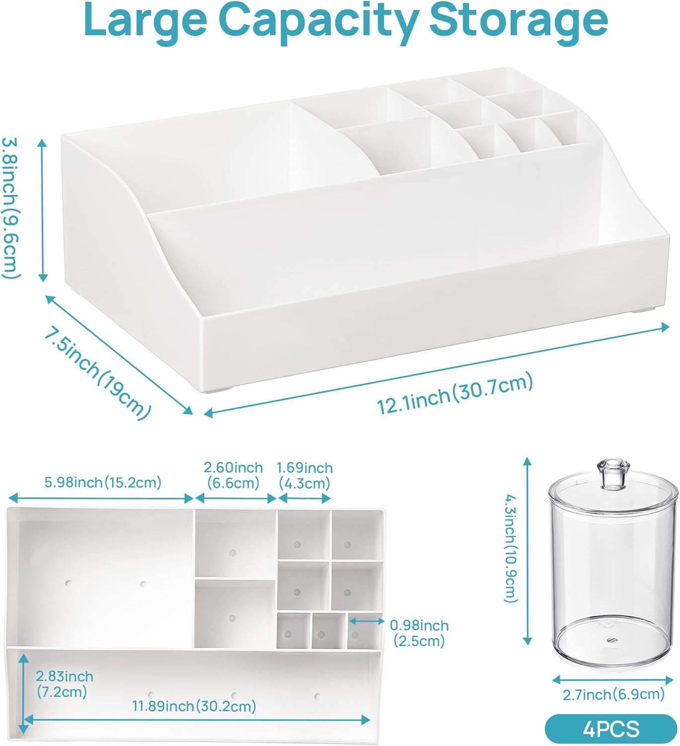 Vtopmart 6 PCS Bathroom Countertop Organizer, 1 Divided Tray with 4 Qtip Holder Jars and 1 Drawers, Restroom Clear Organizers for Toothbrush, Cotton Pads, Vanity Accessories Storage Set