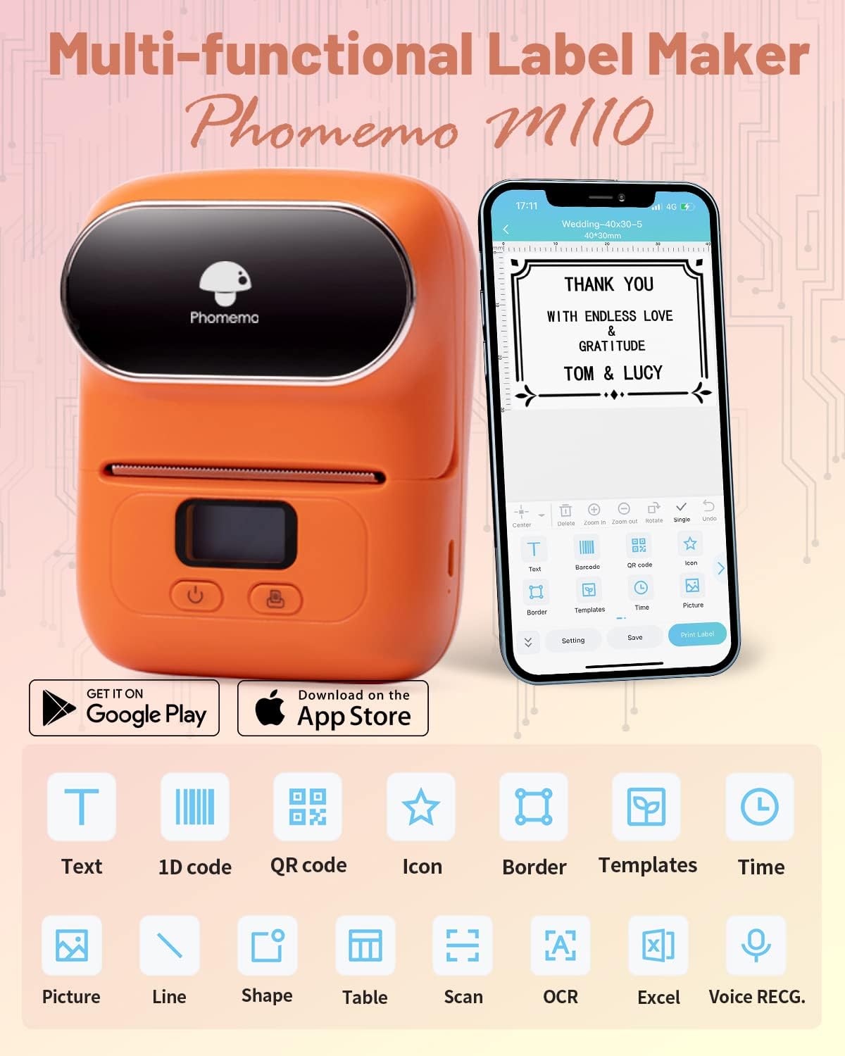 Memoqueen Thermal Label Maker - M110 Barcode Label Printer Portable Bluetooth Labeler Maker Machine for for Small Business, Address, Logo, Clothing, Mailing, with 40x30mm Label, Pink
