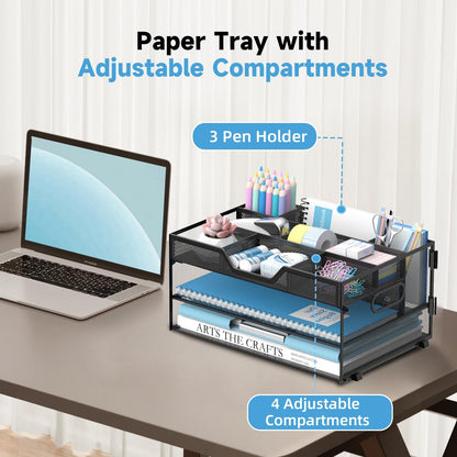 DALTACK 3 Tier Paper Organizer with Handle, Mesh Metal Desk Organizer with Sliding Paper Trays for Letter/A4 Paper, Mail, Bills & Folders, Black
