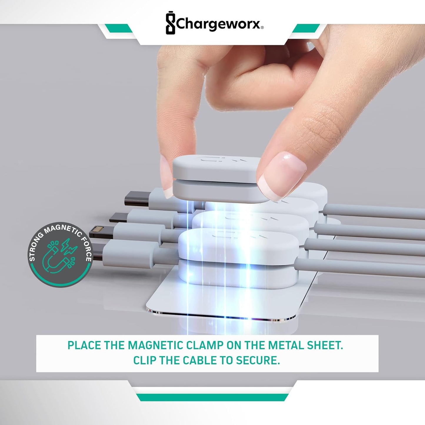 CHARGEWORX Pack of 5 Magnetic Cable Clips, Adhesive Cord Organizer for Desk, Nightstand, Wall or Car, Wire Holder for USB-C, Lightning and Micro-USB Cables