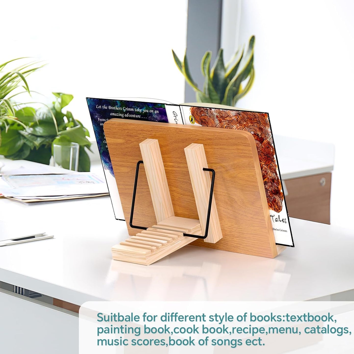 Book Stand for Reading,8 Adjustable Height Holder Tray with Page Clips for Textbook/Cookbook/Music Scores/Tablet/,Lightweight Reading Hands Free Desktop Document Book Mount,Bamboo Holder-Oak Brown