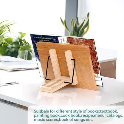 Book Stand for Reading,8 Adjustable Height Holder Tray with Page Clips for Textbook/Cookbook/Music Scores/Tablet/,Lightweight Reading Hands Free Desktop Document Book Mount,Bamboo Holder-Oak Brown