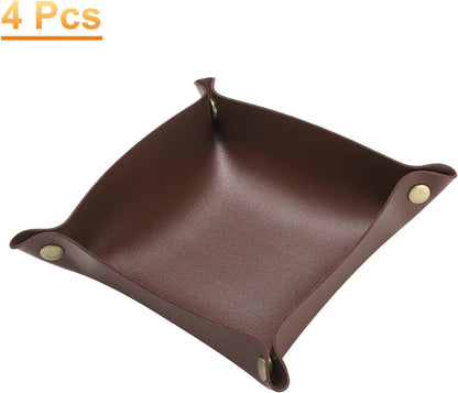 HARFINGTON 4pcs PU Leather Valet Tray Unisex Folding Small Catchall Tray Portable Entryway Table Tray Nightstand Bedside Desk Tray for Key Wallet Watch Coin Jewelry Dice, Pink