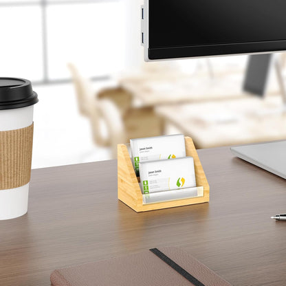 Sleek Bamboo Acrylic Business Card Holder for Reception, Office Desk, Meetings, Trade Shows, Home Office, Versatile Use Professional Display, Natural Modern Blend Elegant Organizer (3 Tiers)