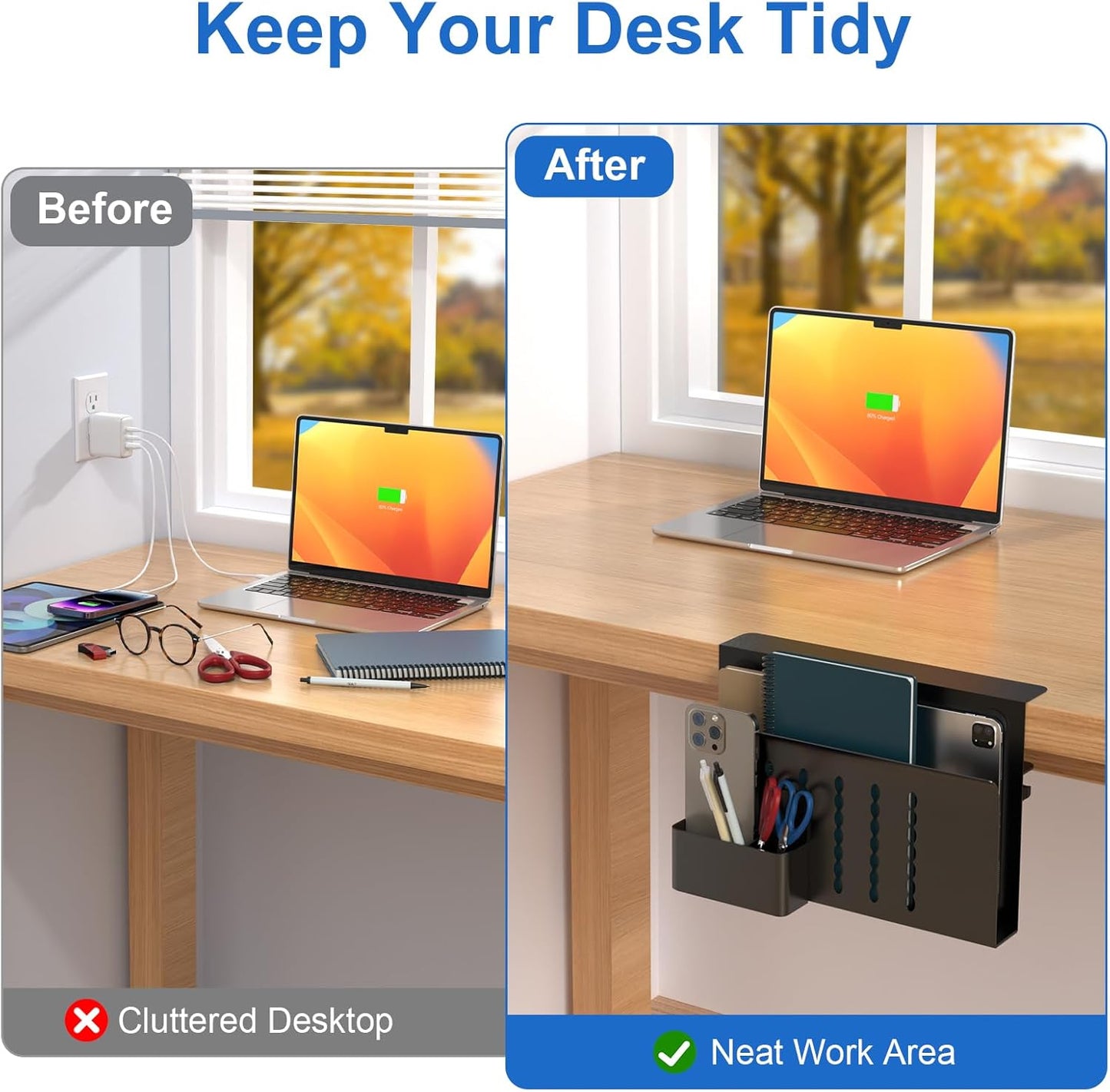 HAMOPY Desk Side Storage, Single-Layer Steel Hanging Desk Organizer with Magnetic Pen Holder, No Drilling Desk Drawer Cable Management Tray, Under Desk Laptop Holder for Office, School&Home(White)