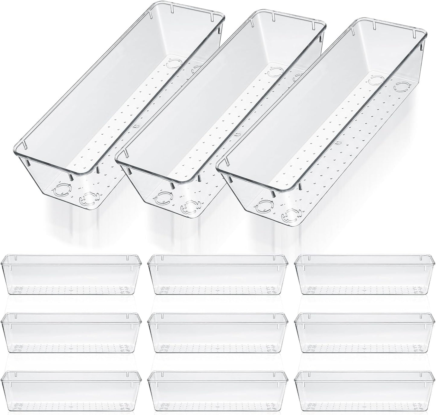 MAQUITA 12 Pcs Vanity Drawer Organizer 9 x 3 x 2 Inches Clear Plastic Utensil Organizers Kitchen Drawers Dividers for Office Desk Silverware Kitchen Utensils Cosmetics and Bathrooms(Clear)
