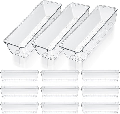 MAQUITA 12 Pcs Vanity Drawer Organizer 9 x 3 x 2 Inches Clear Plastic Utensil Organizers Kitchen Drawers Dividers for Office Desk Silverware Kitchen Utensils Cosmetics and Bathrooms(Clear)