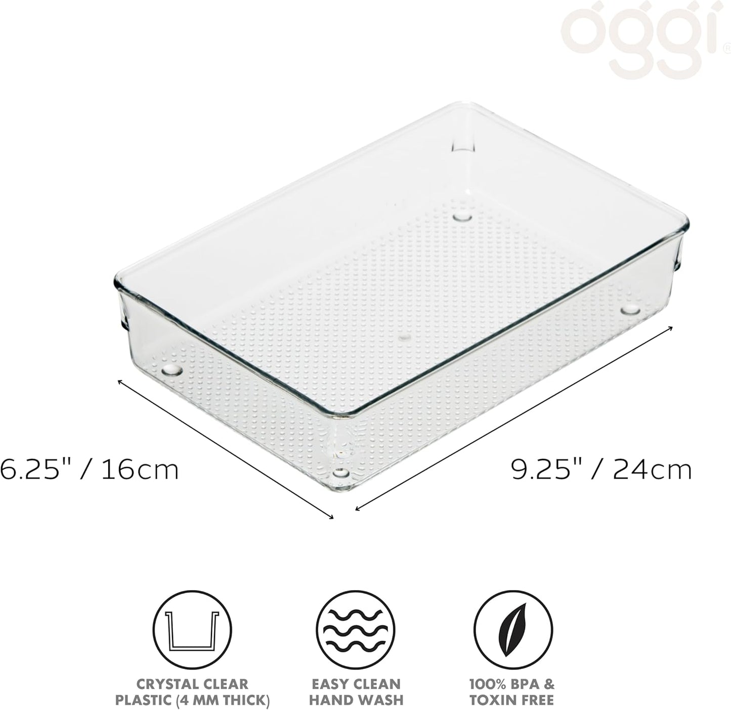 Oggi Set of 5 Clear Drawer Organizers - (1) 3x6.25, (2) 3x9.5, (2) 3x12.5 - Ideal for Organizing Kitchen Drawers, Office, Desk, Silverware, Kitchen Utensils, Cosmetics and Bathrooms